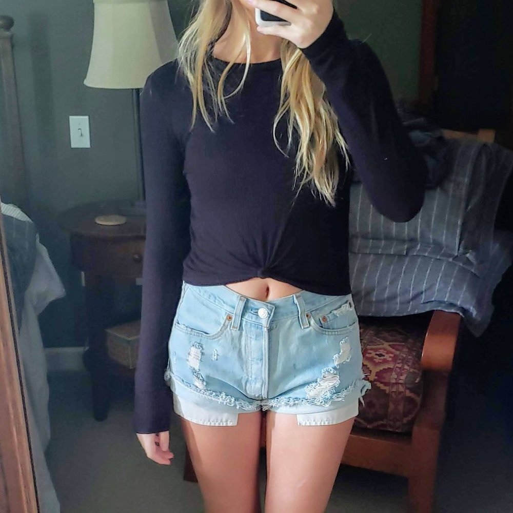 Topshop Black Ribbed Long Sleeve Shirt